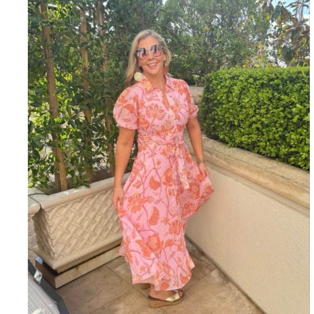 DEREK LAM 10 Pink Floral Button Front Short Sleeve Collared Ruffle Trim Dress 2